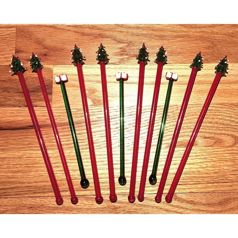 Vintage Hand Blown Swizzle Sticks Christmas Themed Glass Cocktail Stirrers